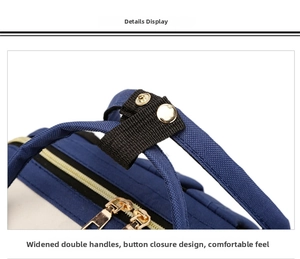 Detail of blue oxford bag showing reinforced wide handles with secure metal button closure