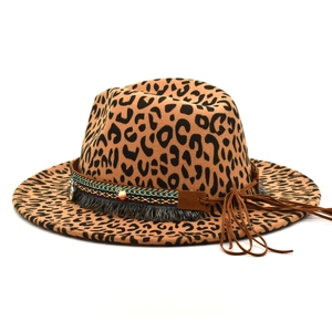 Leopard print fedora hat with ethnic woven band, tassels and leather drawstrings details