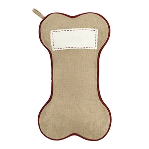 Dog bone shaped Christmas stocking made of beige burlap with red trim for pet holiday decor