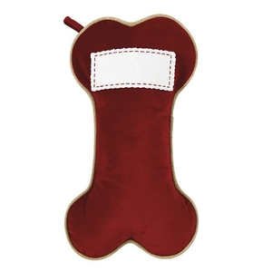 Dog bone shaped Christmas stocking in red velvet with gold trim and customizable tag