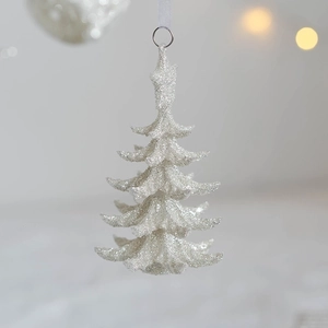 Sparkling silver glitter Christmas tree ornament with elegant white ribbon for holiday decor
