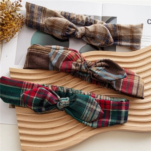 Three-piece set of plaid bow elastic headbands in vintage brown and red patterns