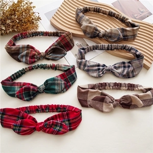 Plaid Bow Headband Elastic Tartan Fabric Hair Accessory For Women Christmas Retro Knotted Headwrap