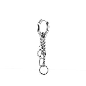 Detailed view of silver stainless steel hoop earring with tassel chain and layered rings