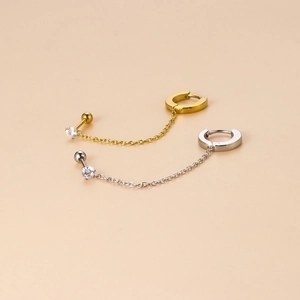 Minimalist stainless steel link chain earring with zircon stud and hoop in gold and silver