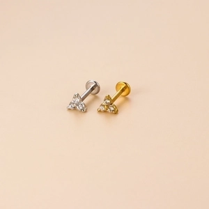 Minimalist stainless steel labret studs with three clear zircons in gold and silver finish