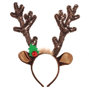 Festive reindeer headband with brown sequin antlers, green trees and red bells on white background