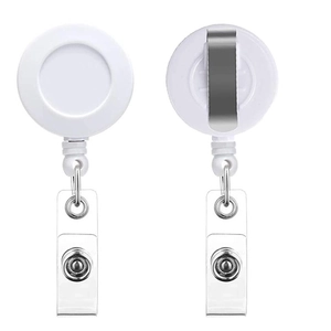White ABS retractable ID badge reel with sturdy metal belt clip and clear vinyl strap