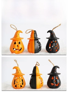 Detail of Halloween LED lanterns featuring pumpkin, skull and wizard hat designs
