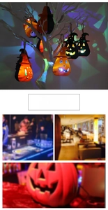 Close-up of LED glowing orange pumpkin lantern with black handle for Halloween decoration