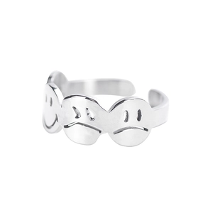 Hip hop style silver stainless steel open ring with smiley and sad face expressions