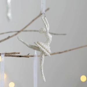 Sparkly white ballerina Christmas tree ornament with glitter finish and elegant ribbon