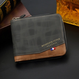 Close-up of Menbense bi-fold wallet featuring textured grey and brown leather stitching