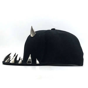 Punk style black cotton snapback hat with silver metal spikes for men and women