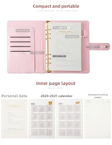 Pink A5 faux leather binder featuring card slots, pen holder, and gold 6-ring mechanism