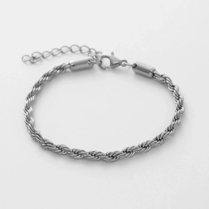 Close-up of silver twist rope chain with lobster clasp and adjustable extension links