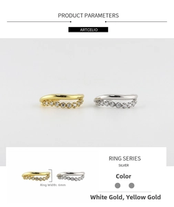 Detail showing 6mm wavy silver rings with zircons in gold and platinum finishes