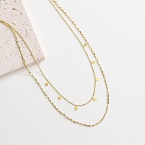 Double-layered 18k gold plated titanium steel necklace with diamond-shaped sequins and bead chain