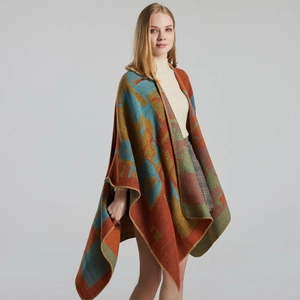 Women's jacquard shawl wrap with geometric patterns in blue, orange and brown