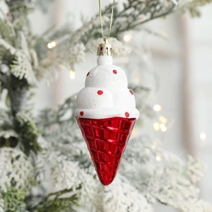 Christmas tree hanging ornament in white and red ice cream cone shape with gold string