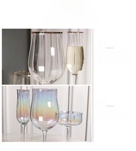 Detailed view of cocktail glass with vertical rib design and colorful ionic plating finish