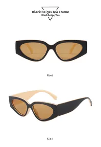 Detailed views of cat-eye sunglasses featuring black and beige frames with tea lenses