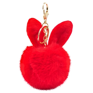 Cute red faux fur pompom keychain with rabbit ears and golden metal clasp for women