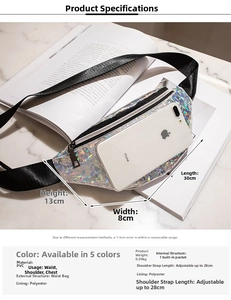 Detail view of silver holographic waist bag showing 30x13x8cm dimensions and geometry
