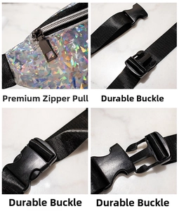 Detail of durable plastic buckle and metal zipper on the colorful laser waist bag