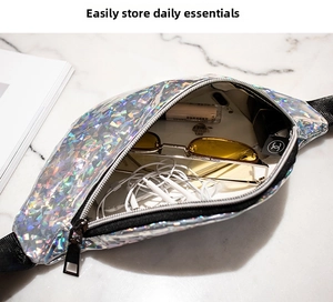 Holographic sequin waist bag interior showing storage space for phone and accessories