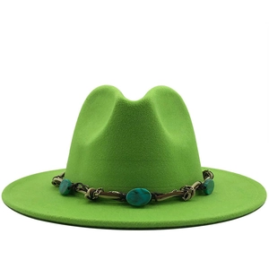 Lime green wool fedora hat with turquoise ethnic band and braided cord detail