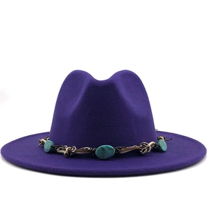 Classic purple wool felt fedora with vintage turquoise and braided rope hat band detail