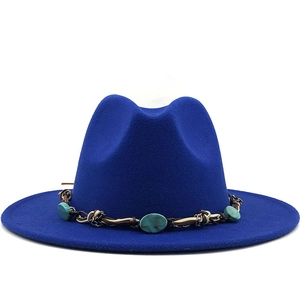 Classic royal blue wool fedora hat featuring a bohemian turquoise beaded decorative band
