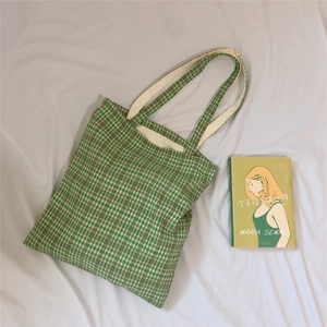 Green and white plaid canvas tote bag for women with minimalist shoulder strap design