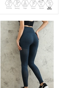 Close-up of seamless dark blue yoga leggings with breathable mesh cutouts and high waist