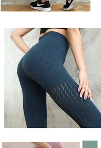 Detail of high waisted navy heather yoga pants featuring laser-cut mesh breathable holes