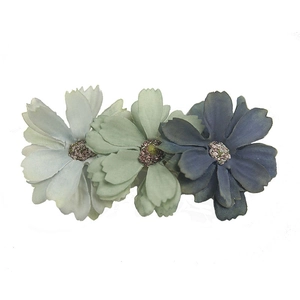 Three handmade fabric flower hair clips in dusty blue and green for a vintage forest style