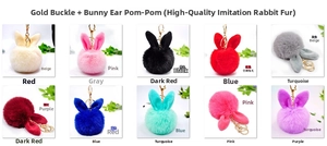 Detailed grid showing 10 vibrant faux fur bunny ear pompom keychains with gold clasps