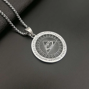 Titanium steel Eye of Providence pendant necklace with sparkling white crystals in silver