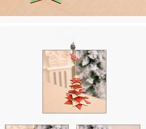 Detail of a red and natural wood Christmas tree hanging ornament with stars and beads