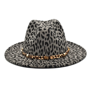 Grey wool fedora hat with leopard print band and golden star buckle for women