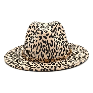 Classic leopard print fedora hat with metal star emblem and adjustable band detail