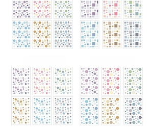Detail view of geometric washi stickers in various shapes and pastel color schemes