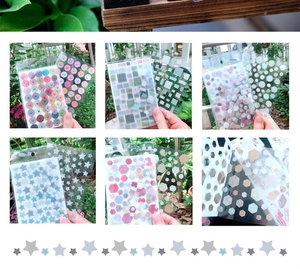 Detailed view of colorful translucent geometric PET stickers in diverse shapes for journals