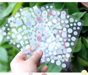 Transparent Macaron-colored geometric stickers with star and emoji patterns for journaling