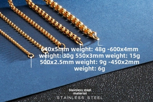 Detailed macro view of gold-plated stainless steel box chains in various thicknesses