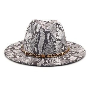 Grey snake print wool fedora hat with leopard band and gold star metal accents