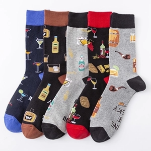 Set of 5 cotton crew socks with colorful alcoholic drink patterns on white background