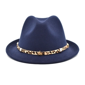Navy blue wool fedora hat with leopard print band and metal star studs for men and women