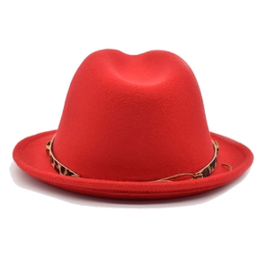 Classic red wool fedora hat with leopard print leather band and golden metal studs